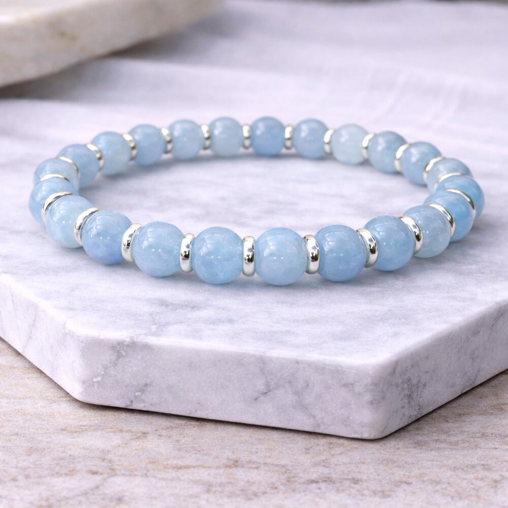 Blue Aquamarine Crystal Bracelet 8MM Beads Stretch Handmade Healing Jewelry